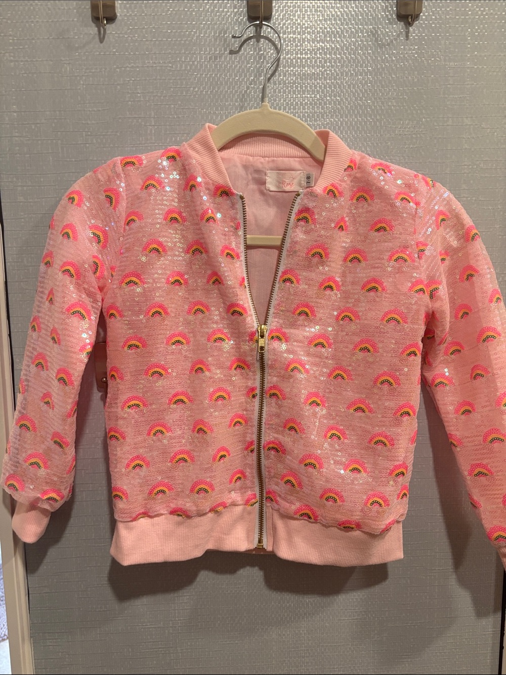 Girls Pink Sequin Rainbow Bomber Jacket - Lightweight Puffer Style